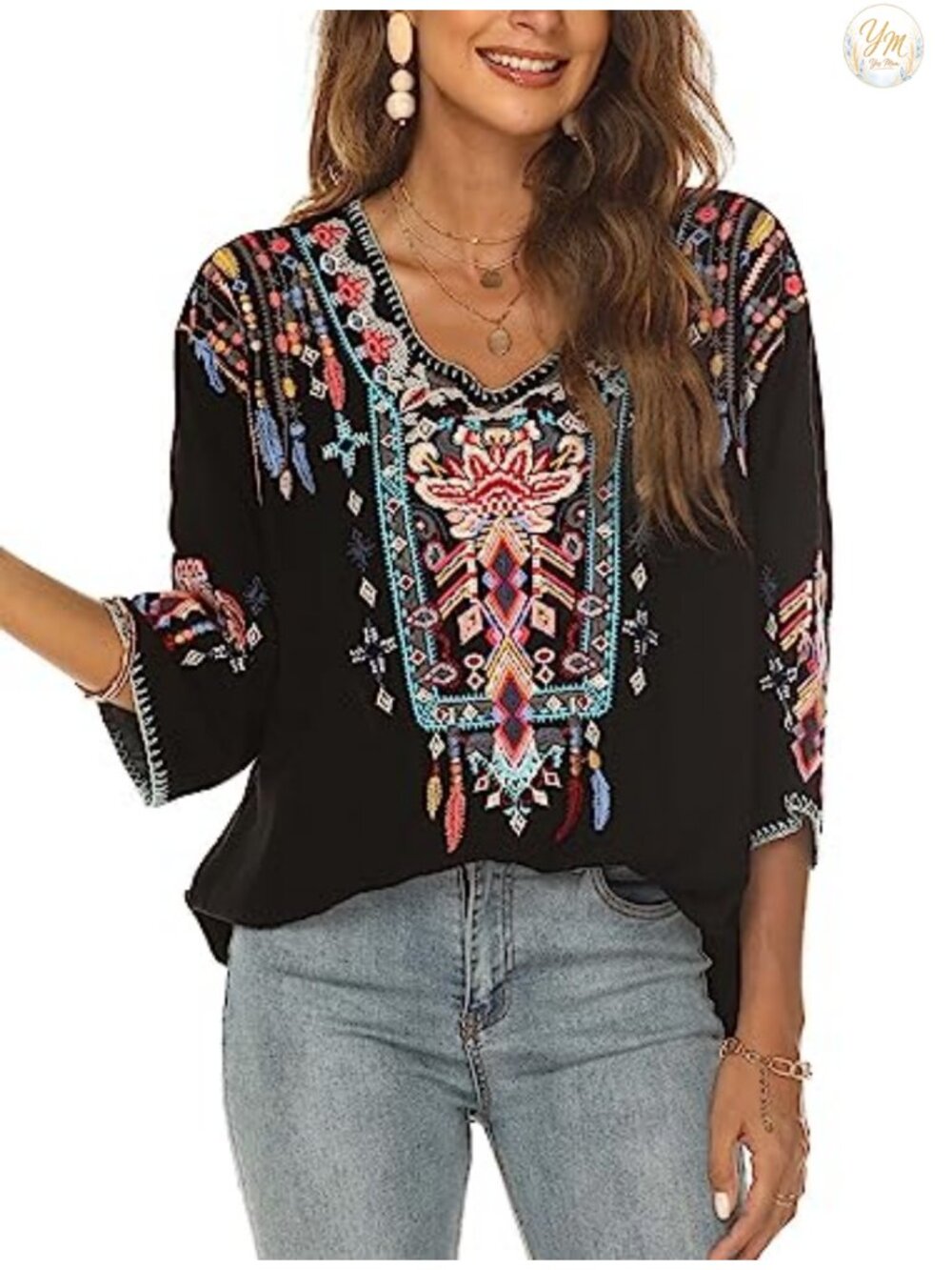 Women Mexican Embroidered Rayon Peasant Tunic Top 3/4 Sleeve Boho Blouse